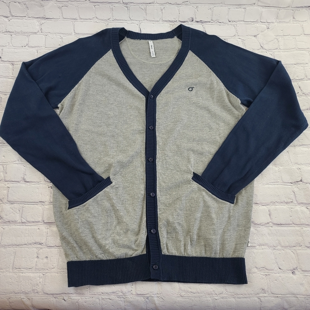 Orisue Men's Size Medium V Neck Button Up Cardigan Varsity Sweater Blue Grey